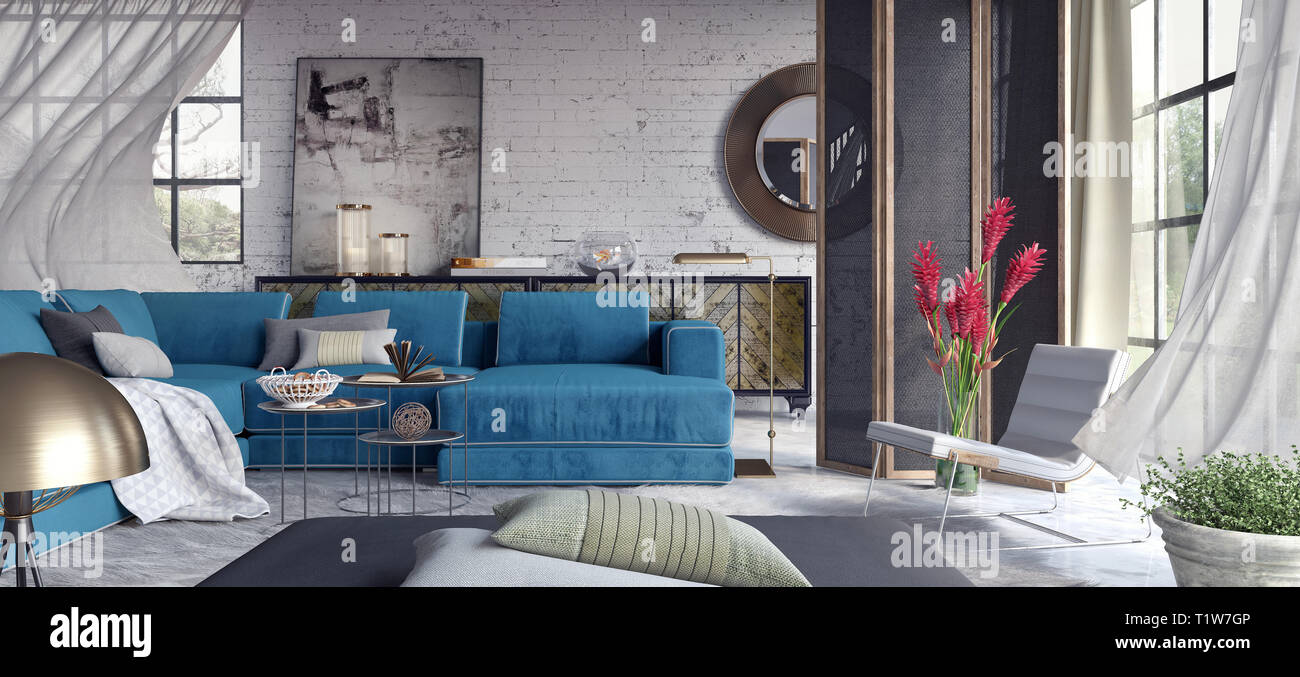 Interni dal design moderno di appartamento con divani blu e rosso dei fiori il rendering 3D Foto Stock