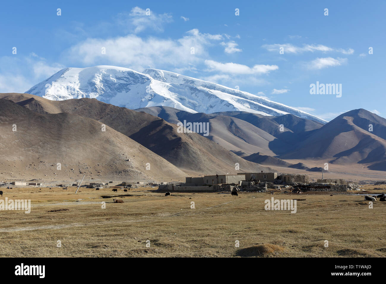 Chiudere la vista sul Muztagh Ata, montagna vicino al Lago Karakul (Karakoram Highway, provincia dello Xinjiang, Cina) Foto Stock