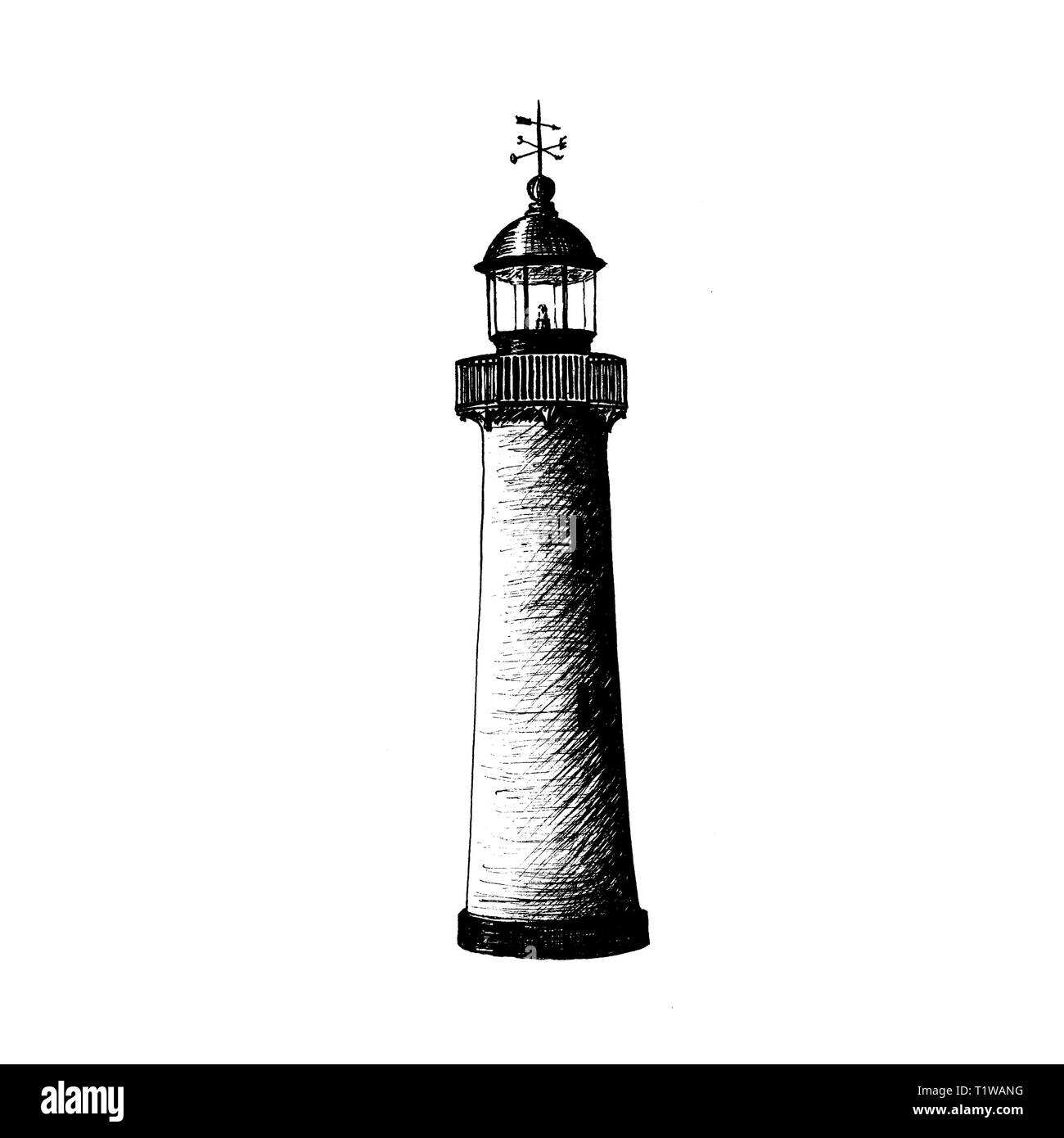 Faro modello logo design. illustrazione. beacon, mare-luce, luccio, torre faro, guida di luce, seamark. Penna a inchiostro di schizzo Foto Stock