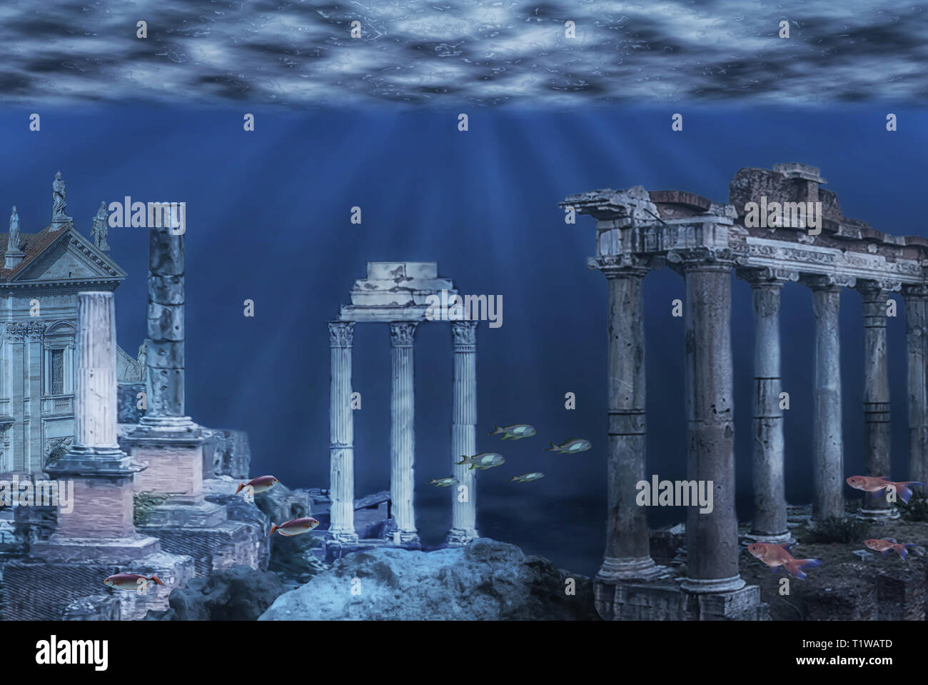 Illustrazione dei resti della civiltà Atlantis. Rovine sommerse Foto Stock