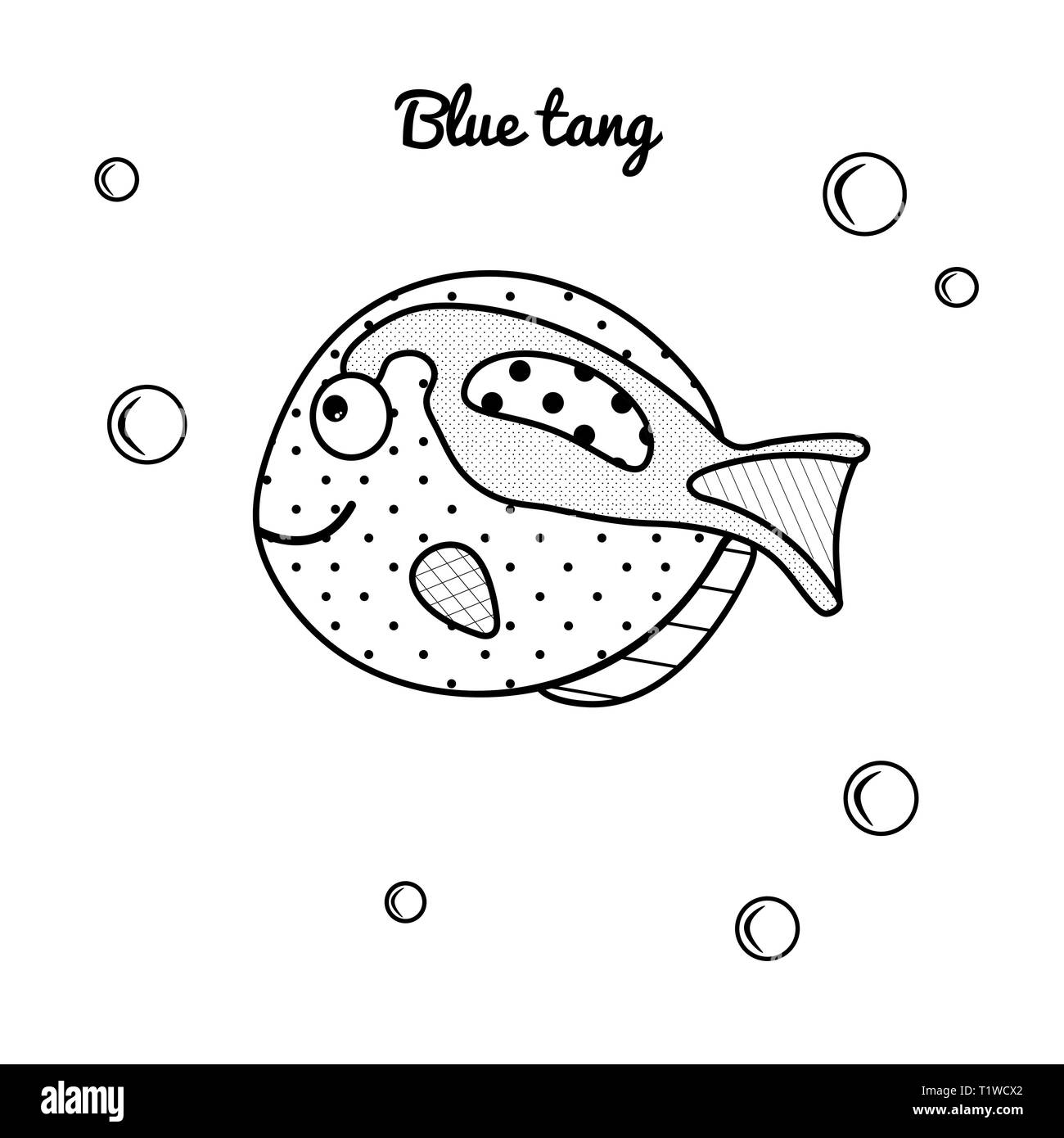 Pesce tropicale Blue Tan. Vettore di carattere marino per il libro da colorare zenart per bambini. Illustrazione semplice adatto per bambini. Giochi didattici con bambino Illustrazione Vettoriale