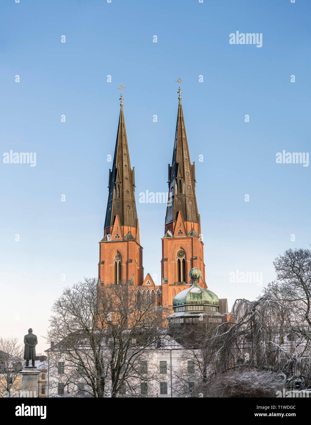 La cattedrale e il Gustavianum di notte d'inverno. Vista dal parco di università di Uppsala, Scandinavia Foto Stock