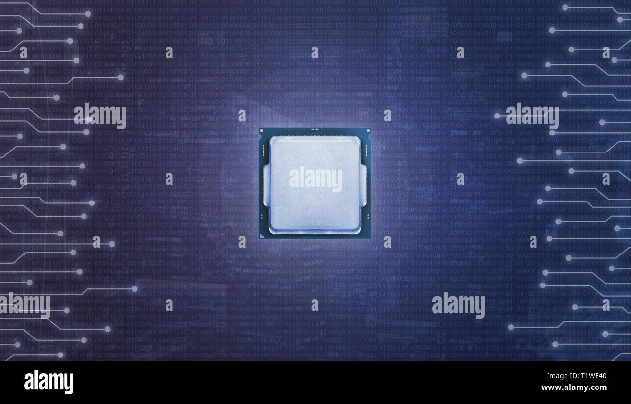 Chip centrale circondato con circuiti microelettronici e codice binario. Foto Stock
