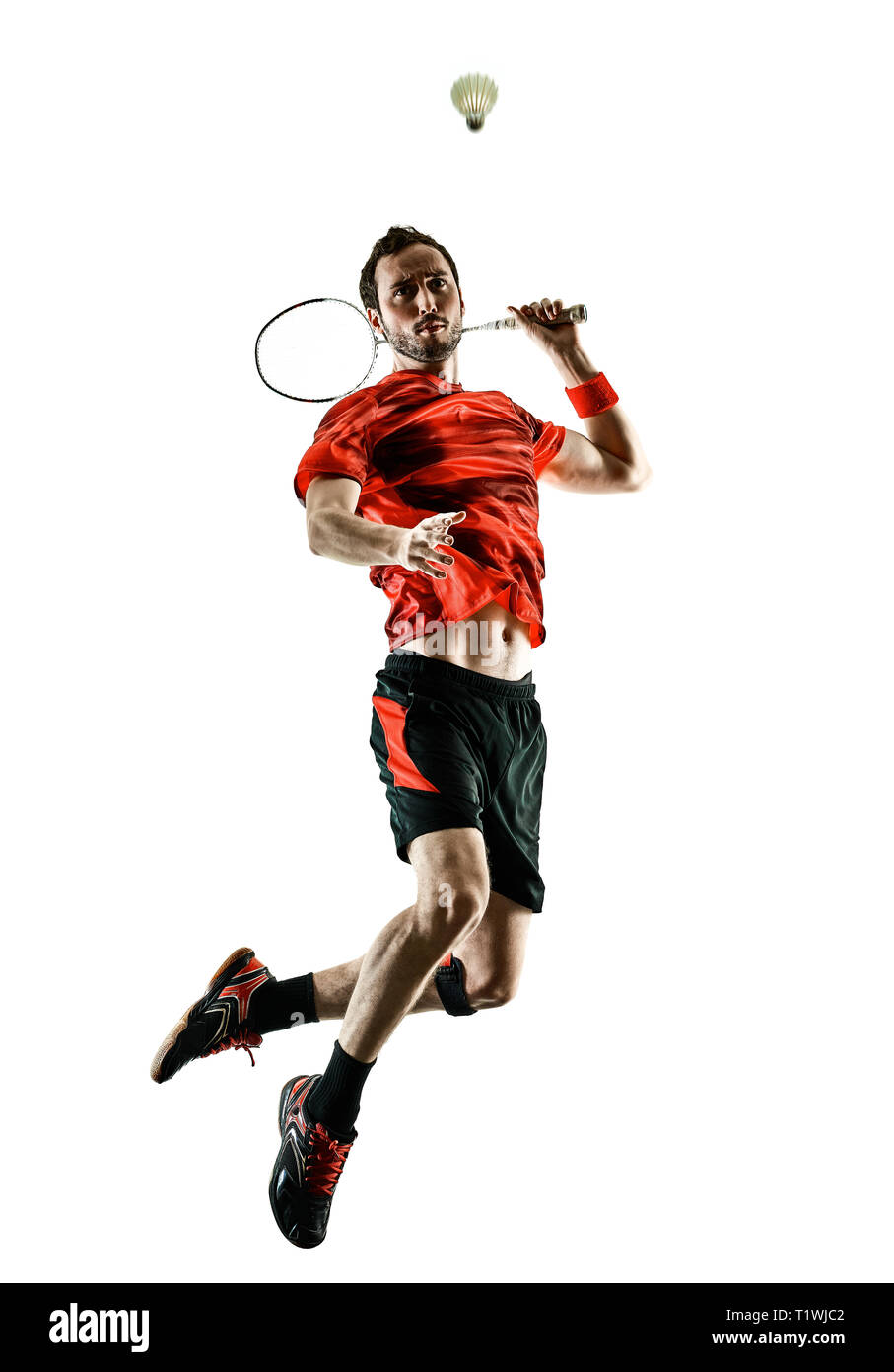 Un caucasian Badminton player uomo in studio ombra silhouette isolati su sfondo bianco Foto Stock