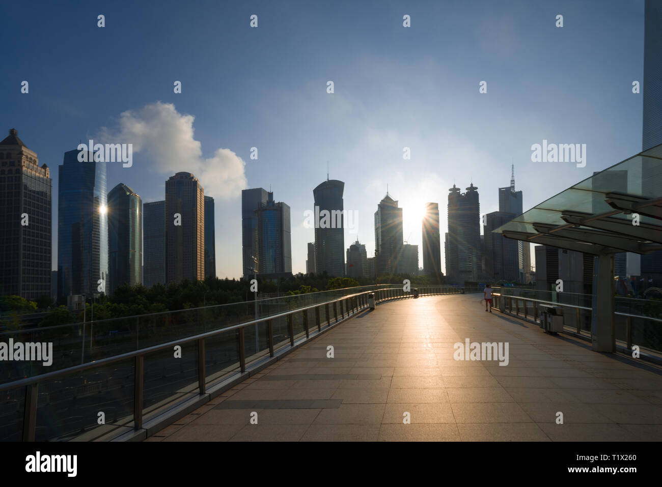 Il quartiere di Pudong e moderni grattacieli di Shanghai bellissimo cielo a sunrise. Architettura urbana in Cina Foto Stock