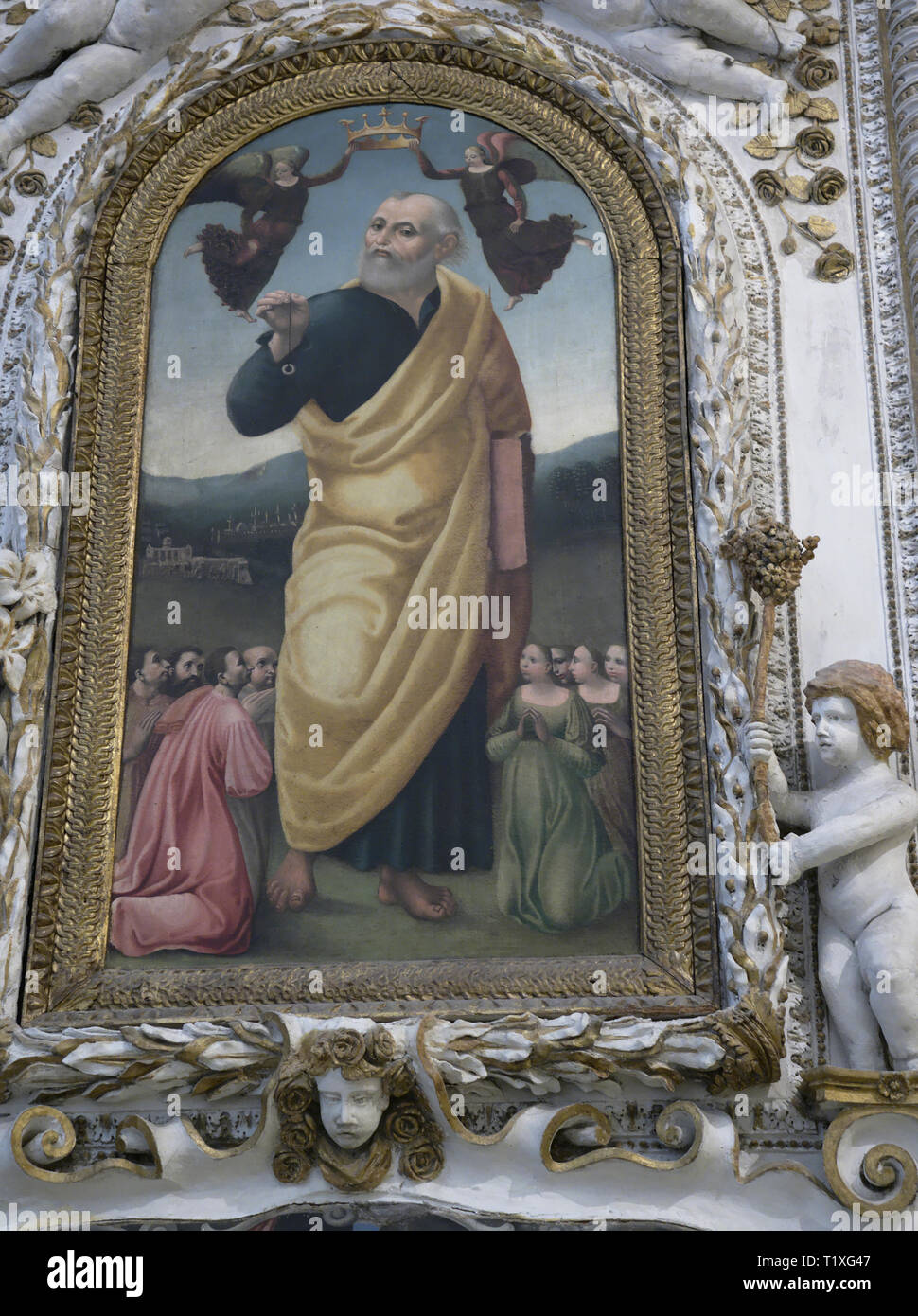 Assisi Umbria Italia Italia. Cattedrale di San Rufino, interior close-up, altare e la cappella di San Giuseppe (St. Giuseppe) e relativa pittura. Foto Stock