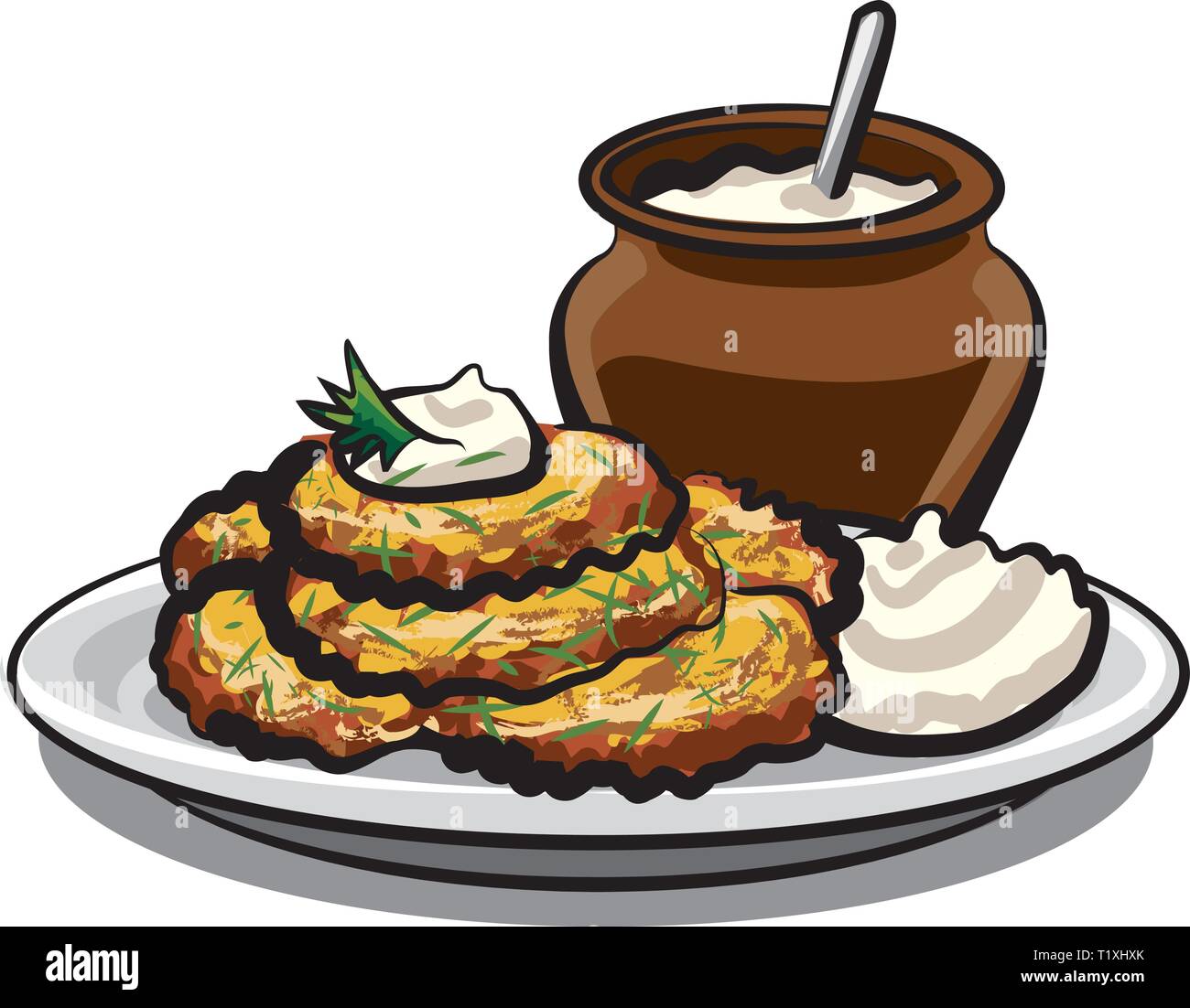 Illustrazione di fritti frittelle di patate con panna acida Illustrazione Vettoriale