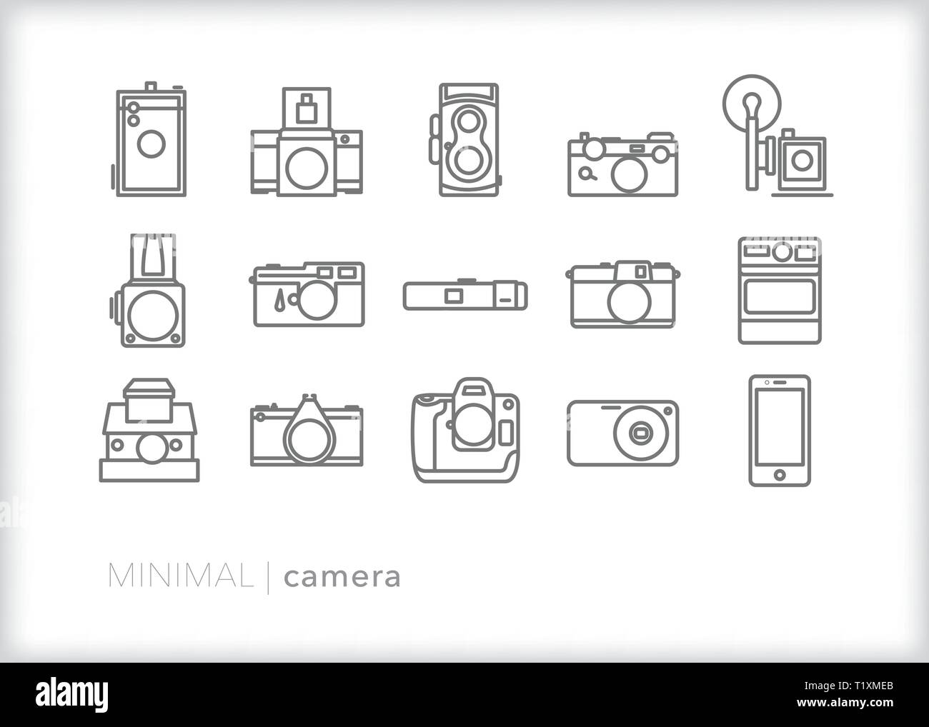 Set di 15 fotocamera icone di linea di medio formato, reflex digitale, DSLR, instant e smart phone telecamere Illustrazione Vettoriale