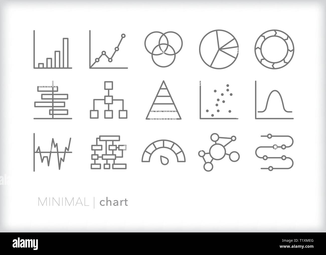 Set di 15 icone di linea di tabelle e grafici che rappresentano i dati e le informazioni in varie forme Illustrazione Vettoriale