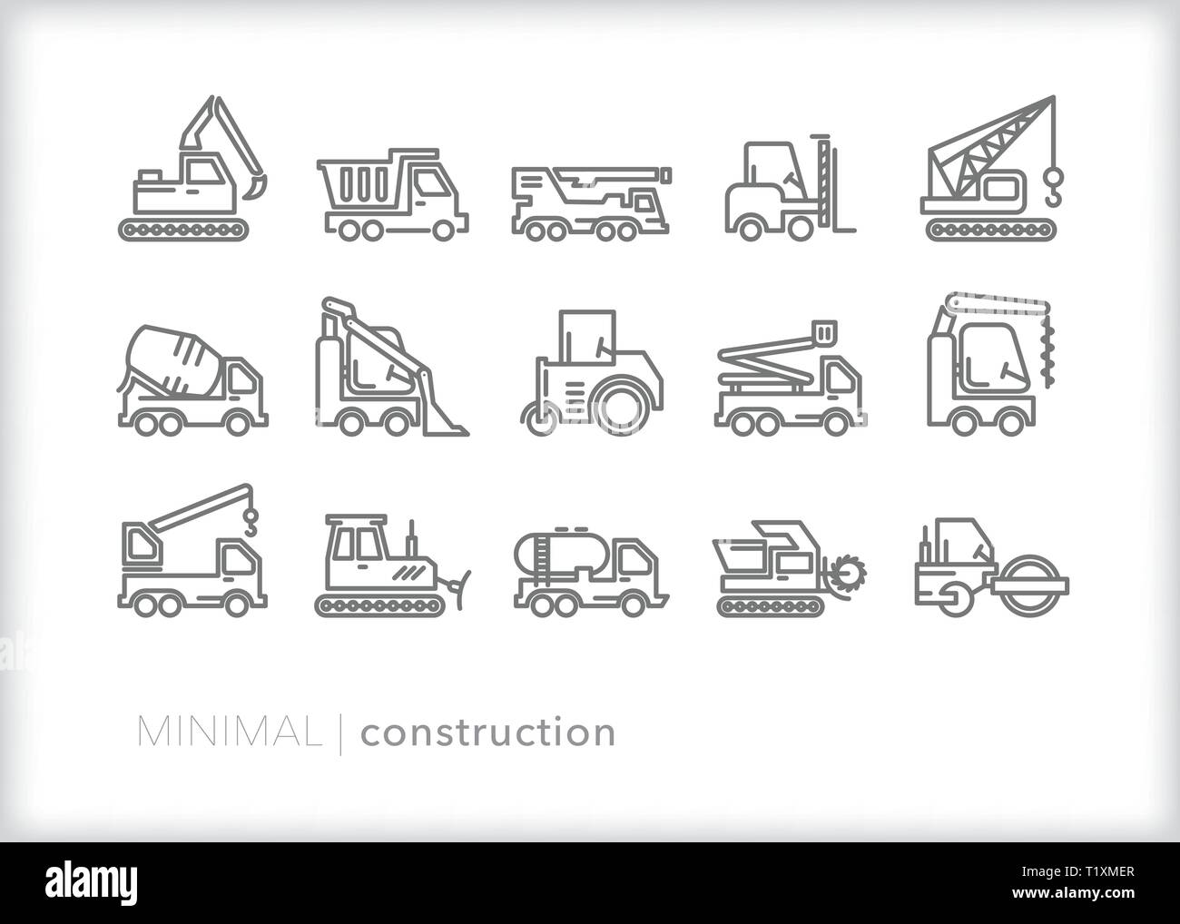 Set di 15 costruzione veicolo le icone della linea di attrezzature per il trasporto di perforazione, di costruzione e di demolizione Illustrazione Vettoriale