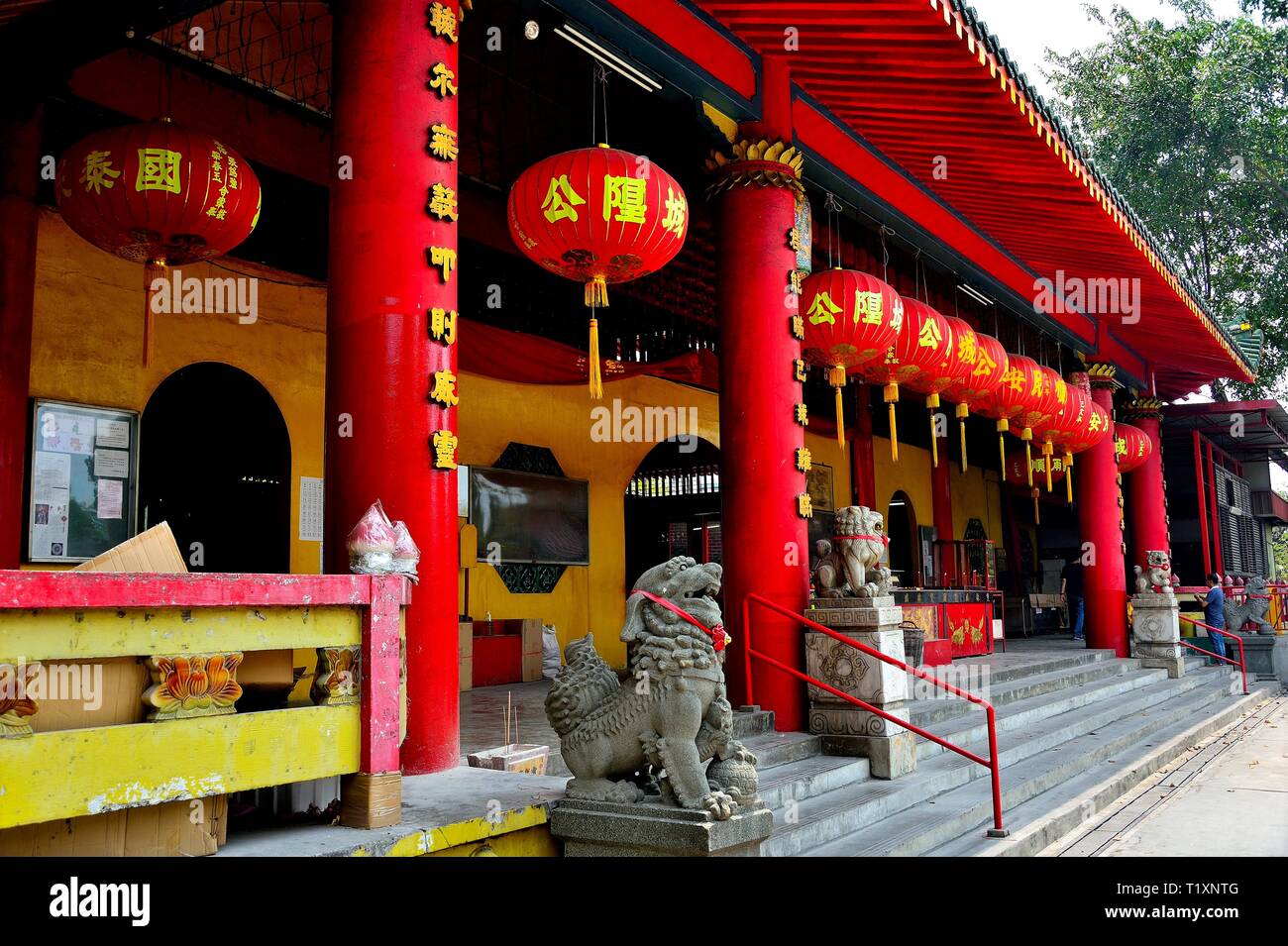 Rosso lanterne cinesi e decorazioni celebrando nuovo anno lunare cinese al di fuori di un tempio buddista in Singapore Foto Stock