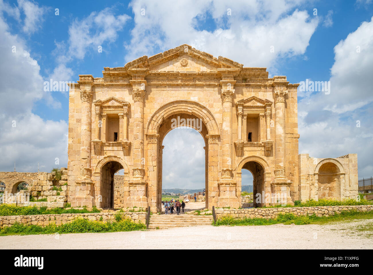 Arco di Adriano, gate di Jerash, Amman, Giordania Foto Stock
