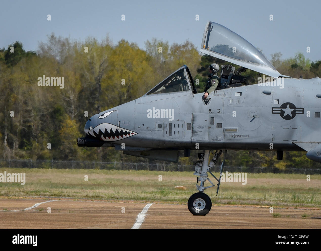 Un A-10 Warthog assegnato al settantacinquesimo Fighter Squadron a Moody Air Force Base, Ga., taxi sulla linea di volo 27 marzo 2019, sul Columbus AFB, Miss. Piloti da combattimento aereo Comando e Air Force Special Operations team visitato BLAZE per spiegare i loro aeromobili di capacità e rispondere alle domande circa il campo di carriera. (U.S. Air Force photo by Staff Sgt. Joshua Smoot) Foto Stock
