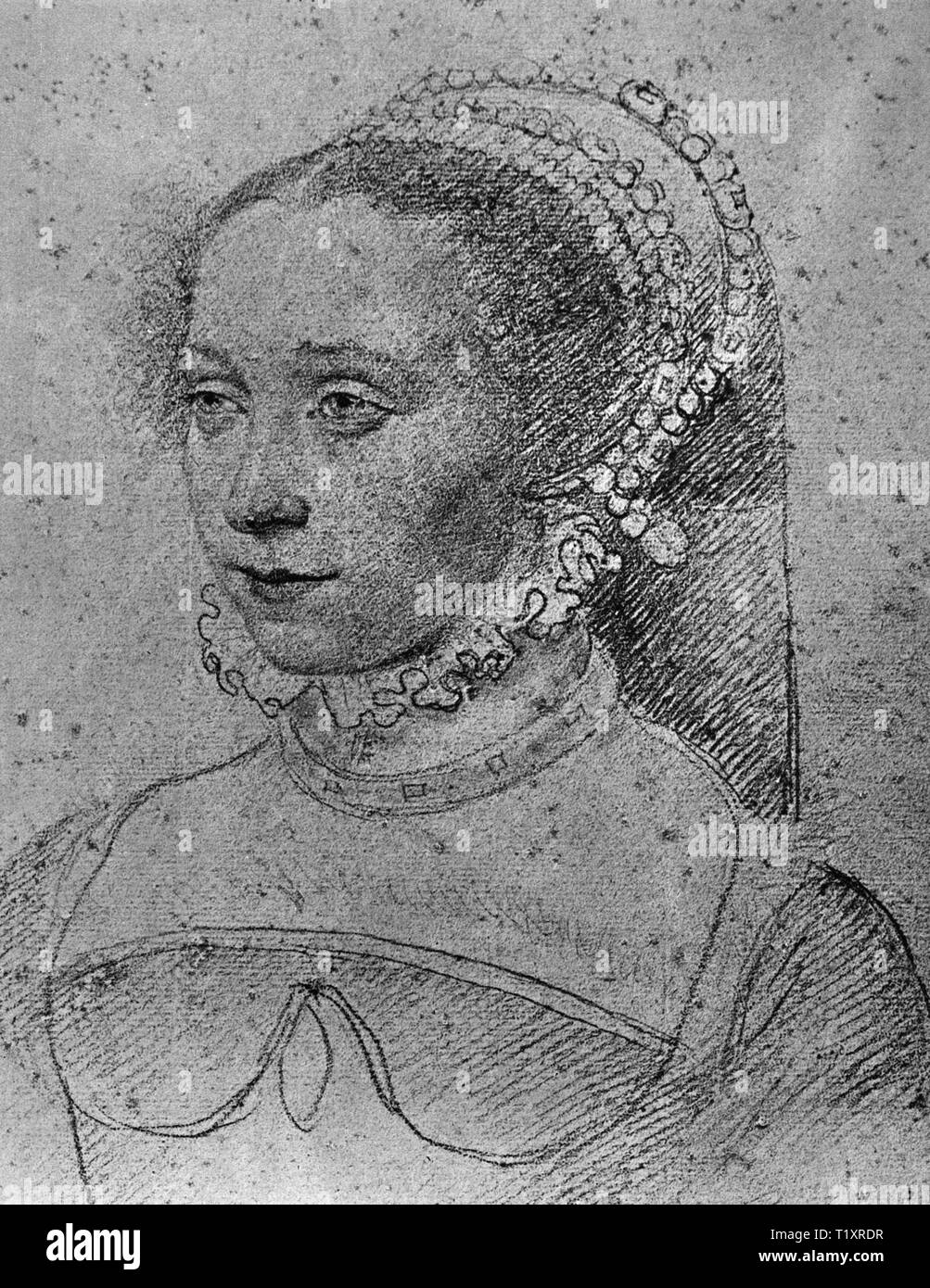 Belle arti, François Clouet (1510 - 1572), disegno Jossine de Pisseleu, Dame de Lenoncourt, Comtesse de Vignory, ritratto, 1543, il Musee Conde, Chantilly, Additional-Rights-Clearance-Info-Not-Available Foto Stock