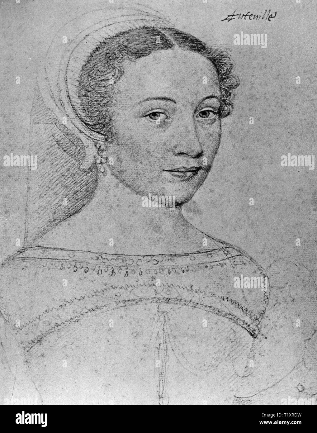 Belle arti, François Clouet (1510 - 1572), disegno Isabeau d'Hauteville, Dame de Chatillon, ritratto, il Musee Conde, Chantilly, Additional-Rights-Clearance-Info-Not-Available Foto Stock