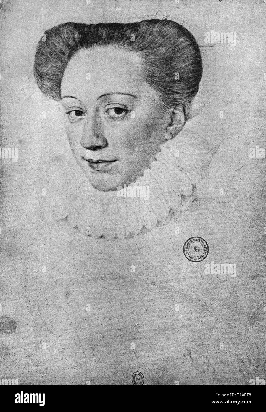 Belle arti, Rinascimento, ritratto di una donna sconosciuta, probabilmente François Clouet, disegno del XVI secolo, Bibliotheque Nationale di Parigi, Additional-Rights-Clearance-Info-Not-Available Foto Stock