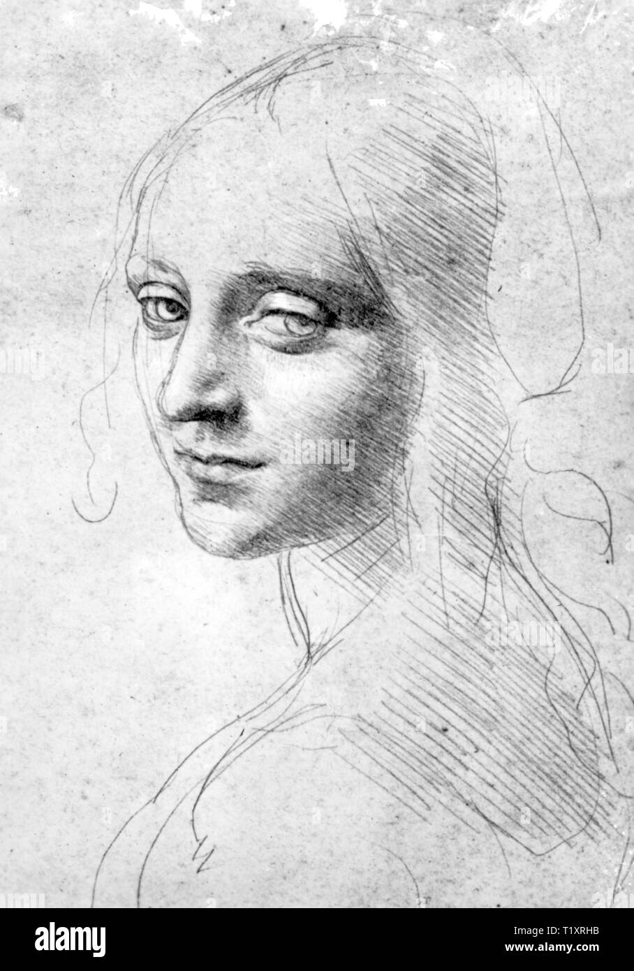 Belle arti, Leonardo da Vinci (1452 - 1519), il disegno di studio per l'angelo della Vergine delle Rocce, dopo il 1483, Biblioteca Reale di Torino, artista del diritto d'autore non deve essere cancellata Foto Stock