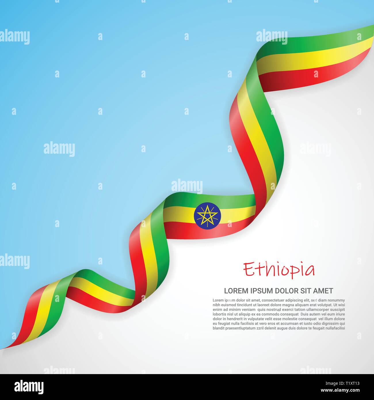 Banner di vettore nei colori del blu e del bianco e agitando nastro con bandiera di Etiopia. Modello per la progettazione di poster, opuscoli, materiali stampati, logo Illustrazione Vettoriale