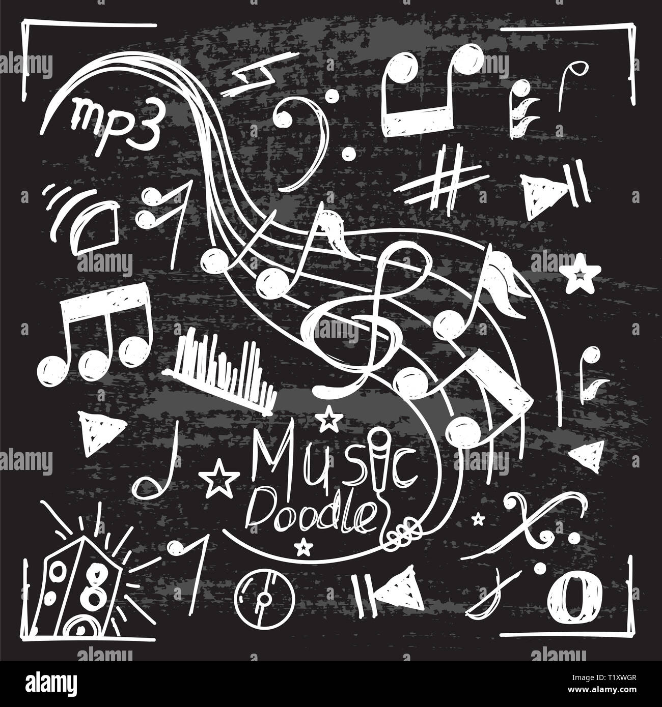 Serie di musica doodle vettore in sfondo nero Foto Stock