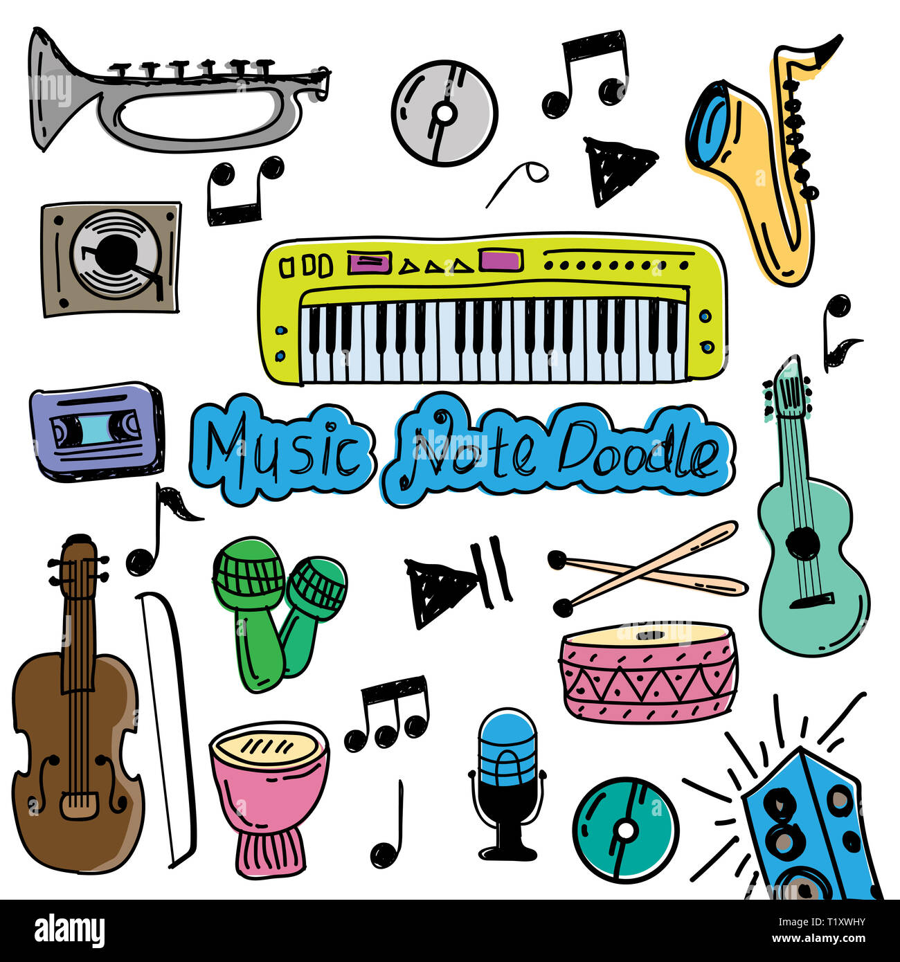 Serie di musica doodle vettore di colore Foto Stock
