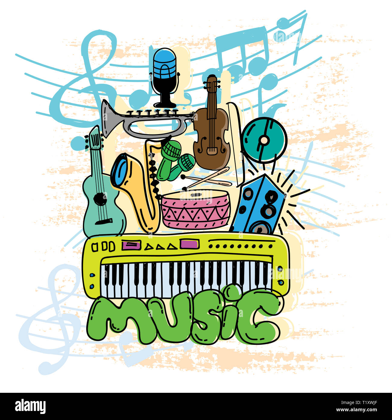 Serie di musica doodle vettore di colore Foto Stock