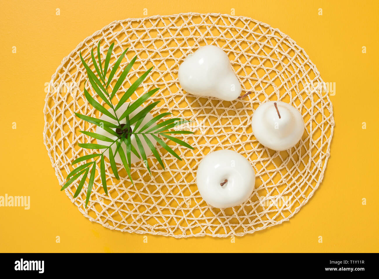 Foglie di palmo in un vaso e decorativo bianco frutti di colore giallo brillante background. L'estate tropicale tema. Foto Stock