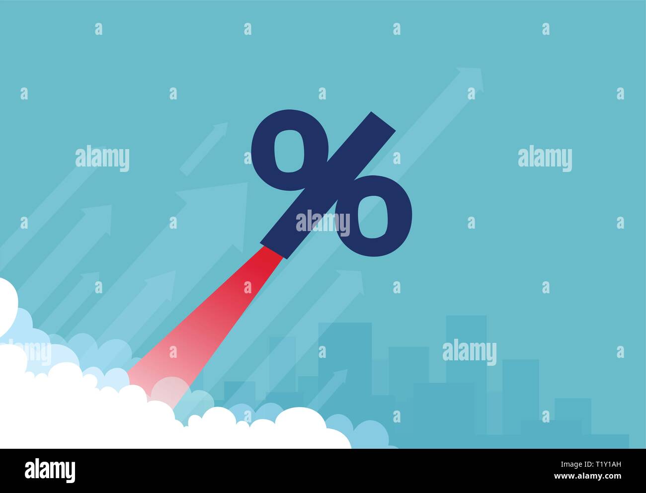 Vettore di un razzo simbolo di percentuale volare fino a cityscape sfondo Illustrazione Vettoriale