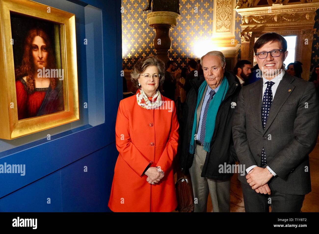 Firenze, Palazzo Vecchio Sala dei Gigli, esposizione di dodici piastre del Codice Atlantico e pittura dal Redentore di Leonardo Da Vinci, curatore Cristina Acidini, (Claudio Fusi/fotogramma, Firenze - 2019-03-28) p.s. la foto e' utilizzabile nel rispetto del contesto in cui e' stata scattata, e senza intento diffamatorio del decoro delle persone rappresentate Foto Stock