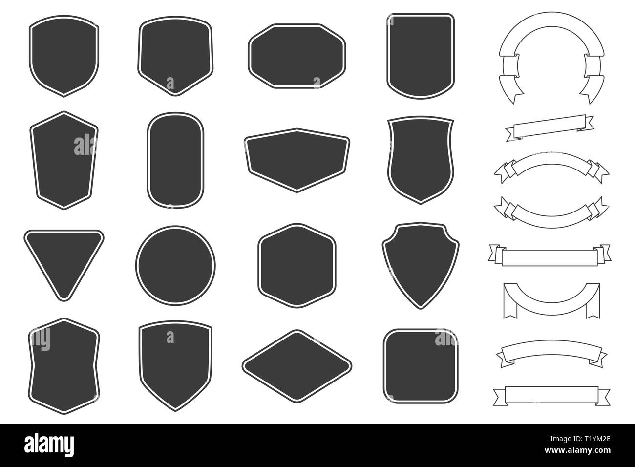 Set di vitage Etichette, scudetti forma e nastro baner collezioni. Illustrazione Vettoriale. Modello nero per la patch, insignias, overlay. Illustrazione Vettoriale