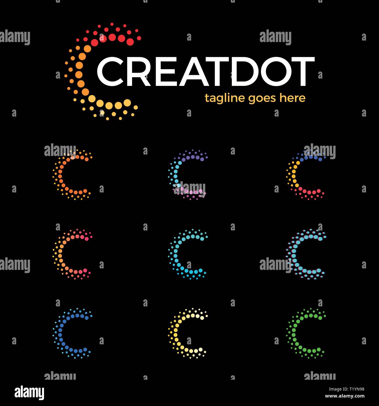 Intelligente, creativo, puntini, Punto, colorata, LETTERA C, Smart e logo Idea set. Lettera C logotipo. Arancio, blu, verde, oro, colore rosa Illustrazione Vettoriale