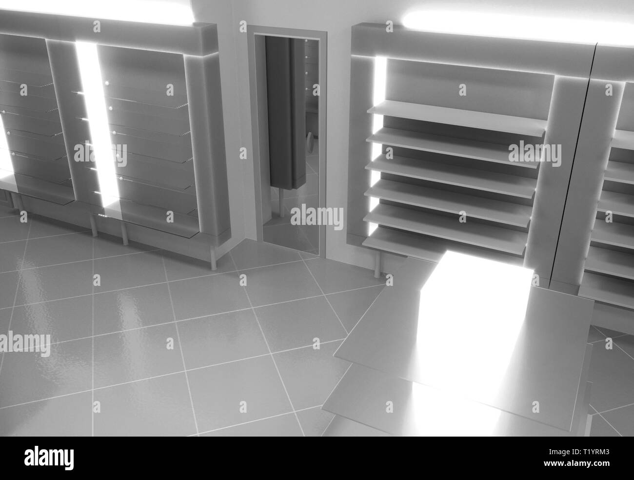 Shop, negozio di alimentari, interni, visualizzazione 3D illustrazione Foto Stock