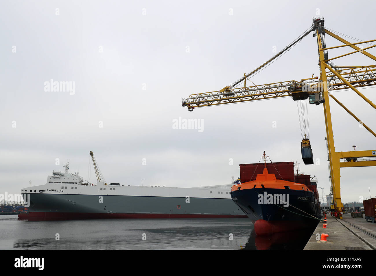La MV Laureline ormeggiata nel porto di Dublino è per fornire ulteriore capacità sulla rotta diretta partenze cargo tra Dublino e l'Europa continentale precedendo Brexit. Foto Stock