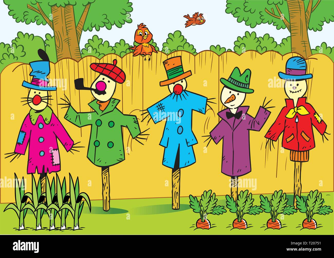 La figura mostra un paio di scarecrows in giardino. La loro posizione lungo la recinzione in abiti diversi. Illustrazione fatta in stile cartoon Illustrazione Vettoriale