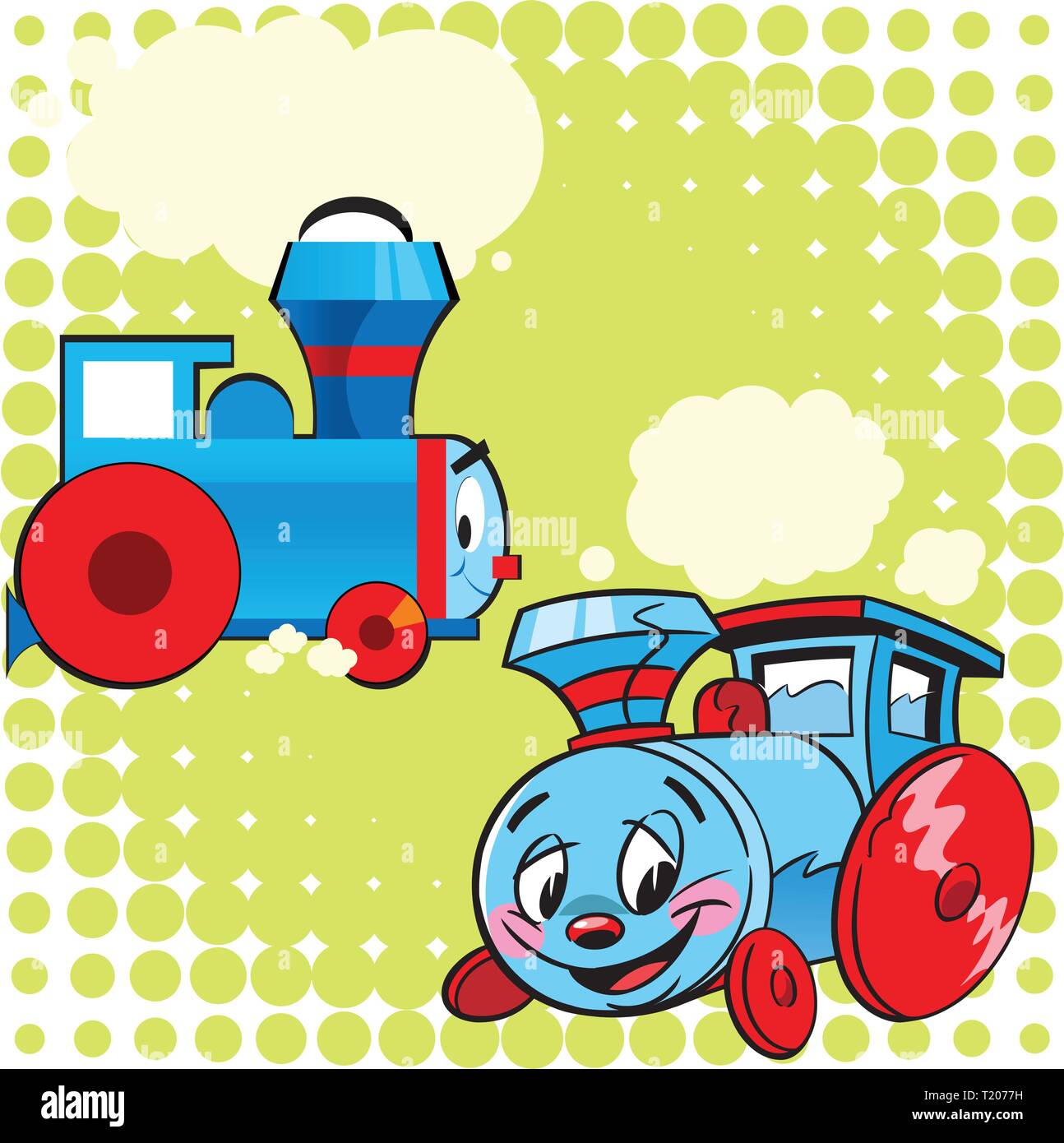 La figura mostra due modelli della locomotiva come un bambino giocattolo. Illustrazione fatta in stile cartoon, fatto su livelli separati. Illustrazione Vettoriale