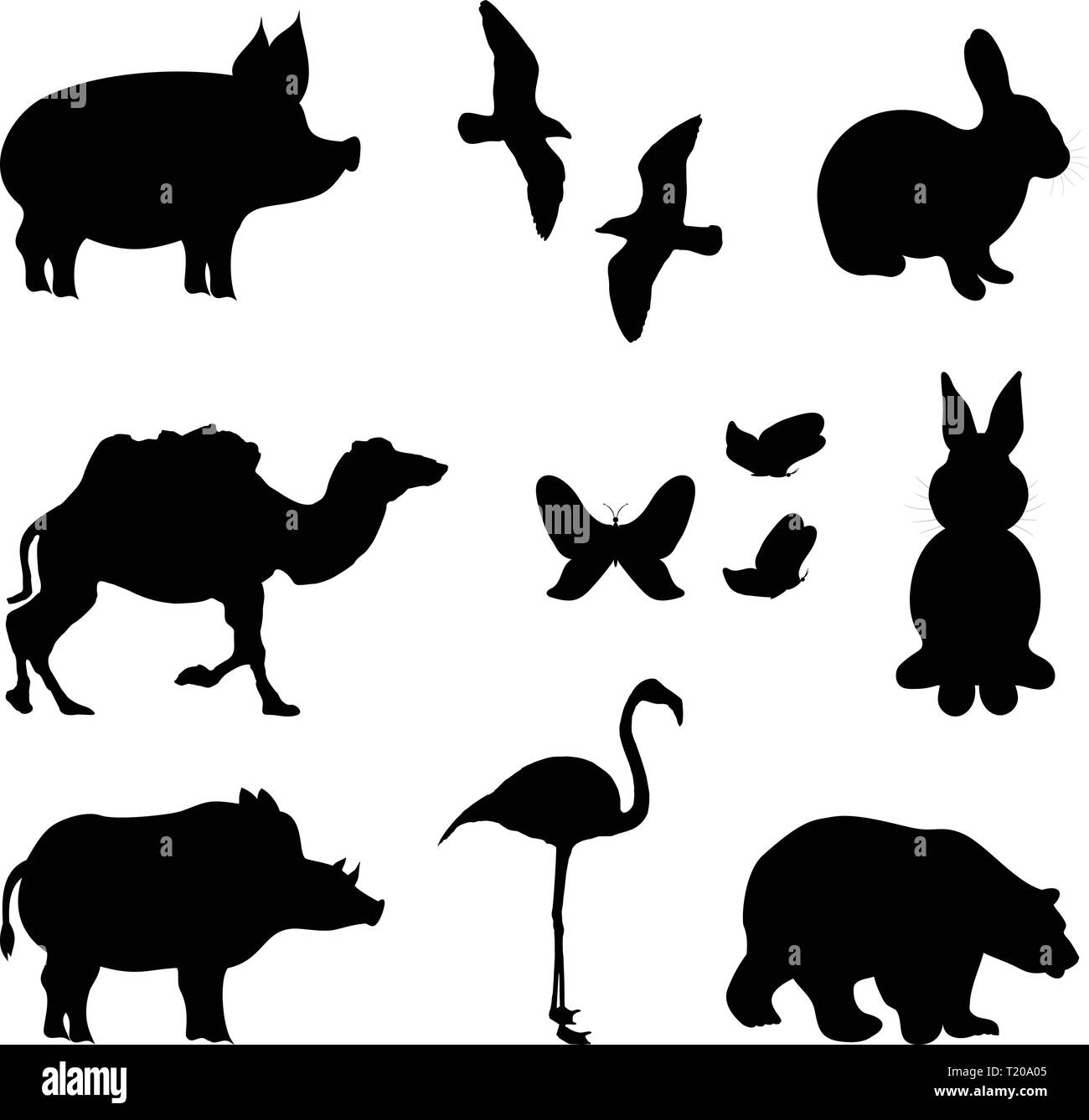 Silhouette di animali set. Flamingo, coniglio, orso polare, cammello, butterfly, maiale, cinghiale, due tipi di volo di uccelli forma bianco su sfondo isolato. Butterf Illustrazione Vettoriale
