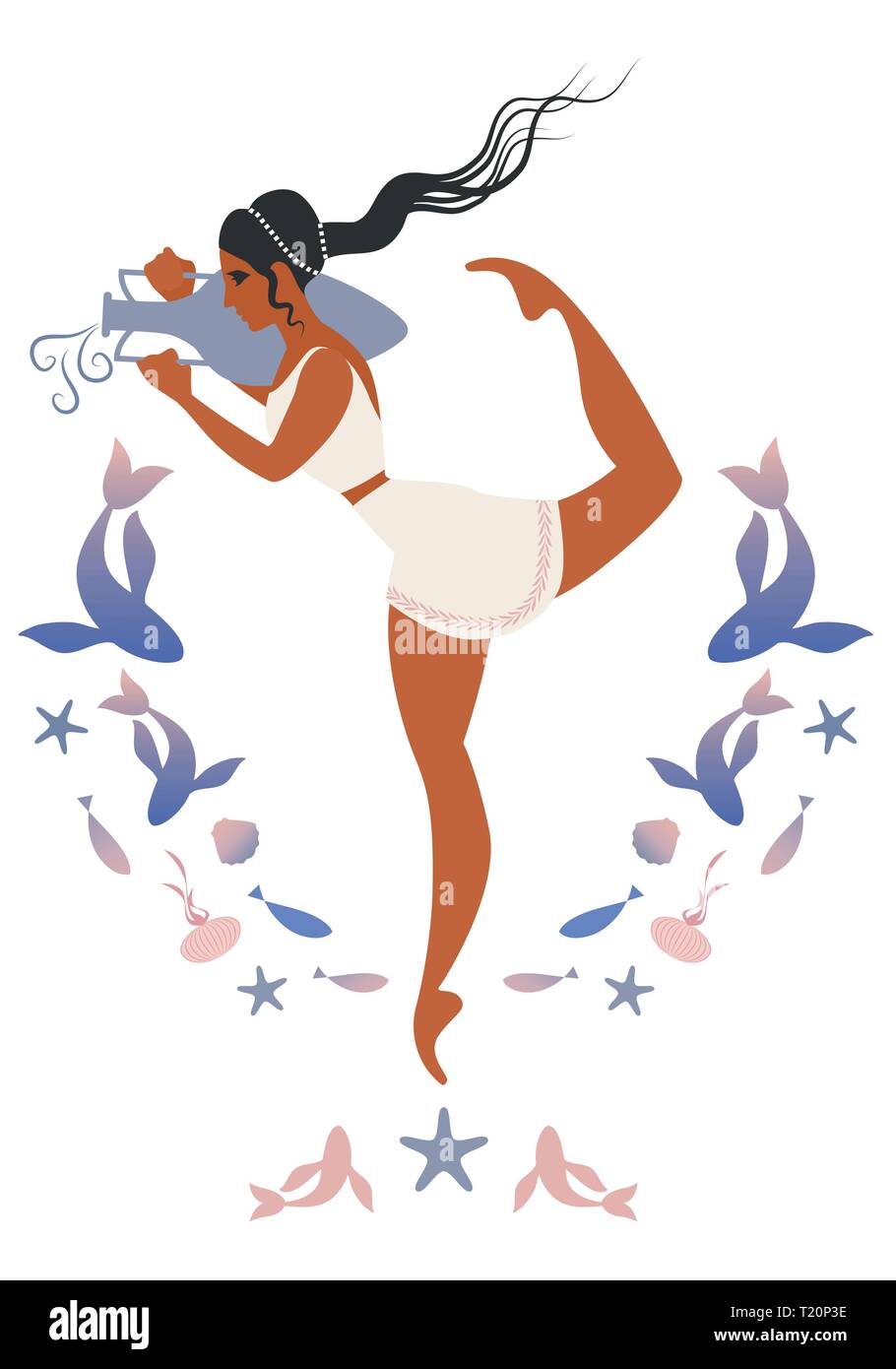 Grecia antica ragazza che trasportano un anfora circondato dal mare Mediterraneo simboli Illustrazione Vettoriale