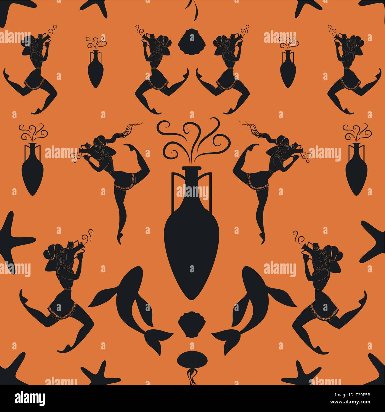 Modello di greco antico ragazza che trasportano un anfora circondato dal mare Mediterraneo simboli Illustrazione Vettoriale