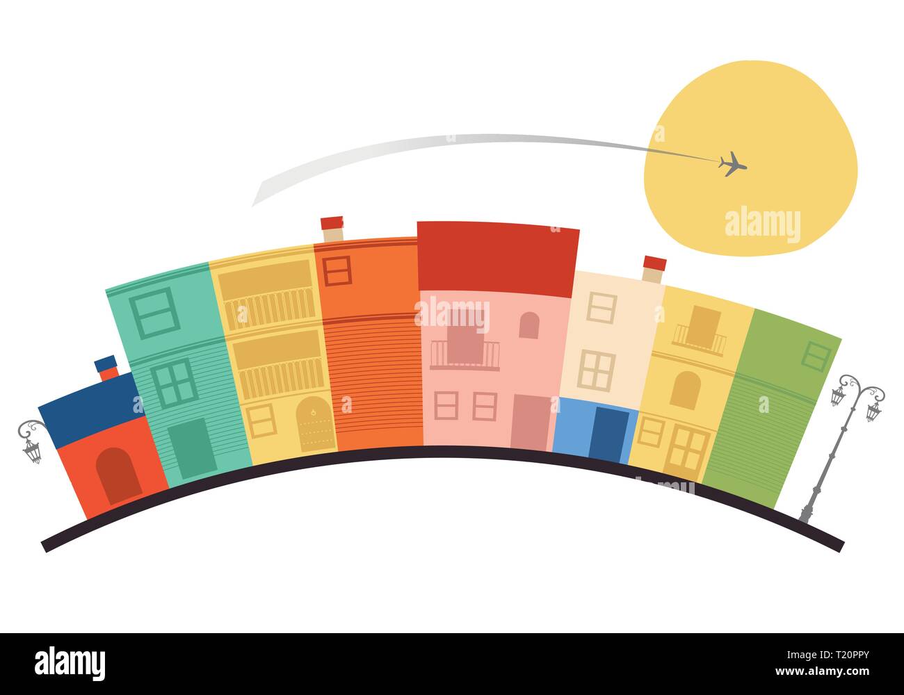 Case variopinte, sun e piano su sfondo bianco. Illustrazione Vettoriale
