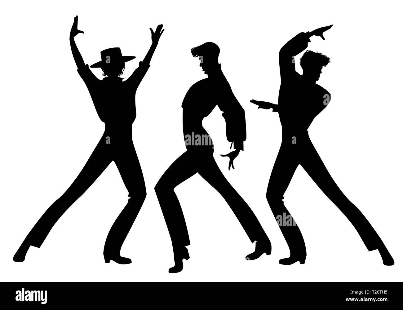 Silhouette di tre tipici spagnoli ballerini di flamenco. Eleganti uomini ballare Flamenco. Illustrazione Vettoriale