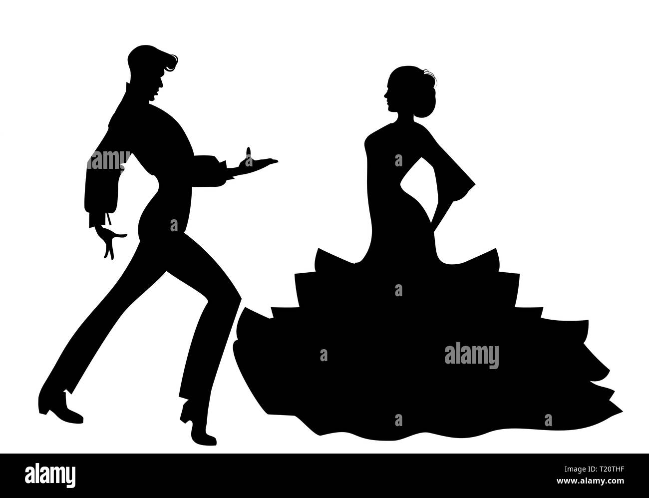 Silhouette di un paio di tipici spagnoli ballerini di flamenco. Illustrazione Vettoriale