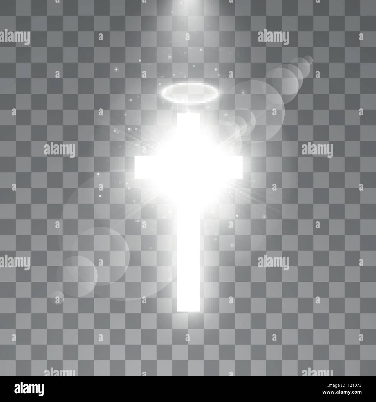 Shining croce bianca e alone bianco angelo anello e la luce del sole offerte lens flare effetto luce su sfondo trasparente. Incandescente santa croce. Vettore Illustrazione Vettoriale