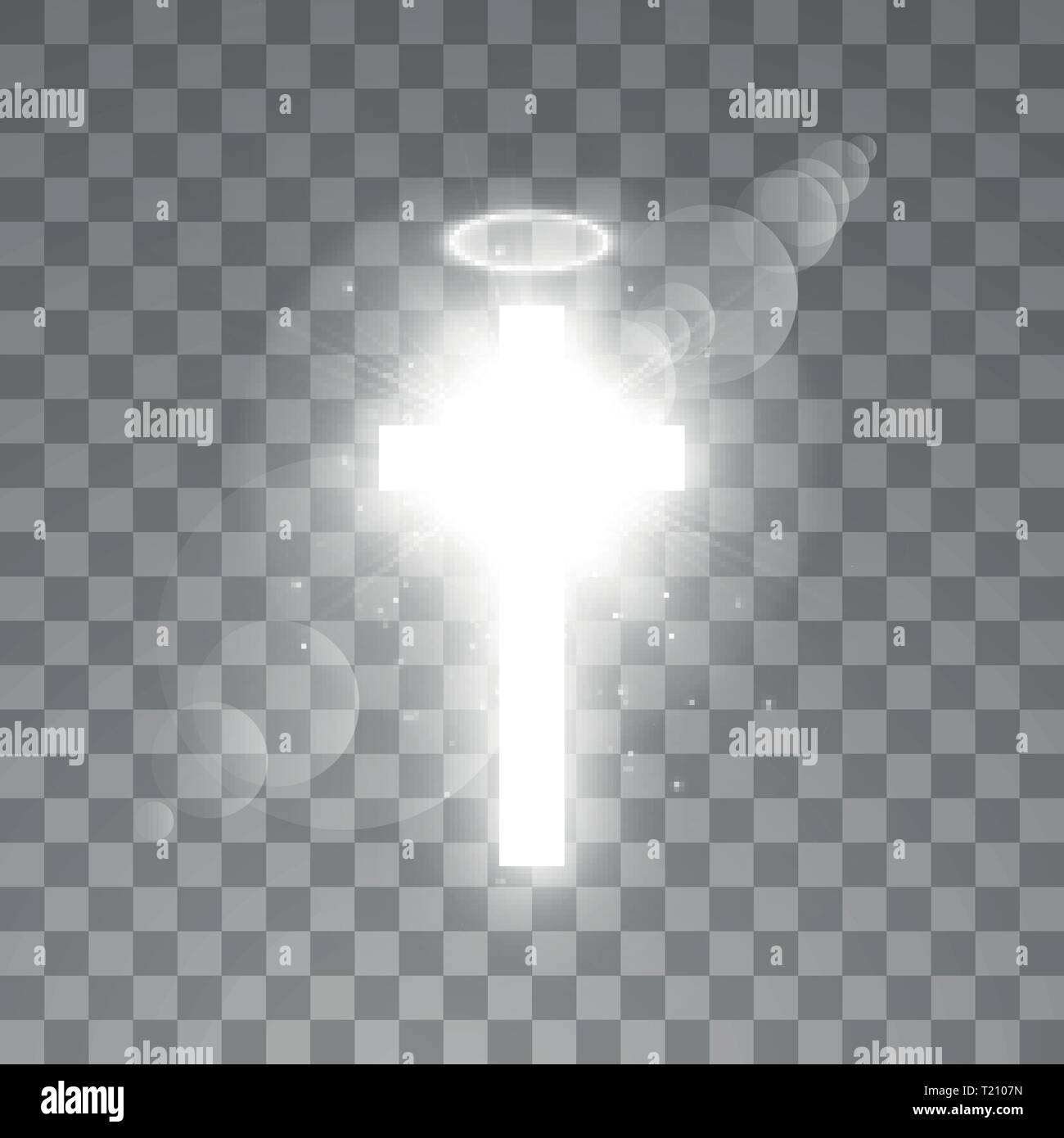 Shining croce bianca e alone bianco angelo anello e la luce del sole offerte lens flare effetto luce su sfondo trasparente. Incandescente santa croce. Vettore Illustrazione Vettoriale