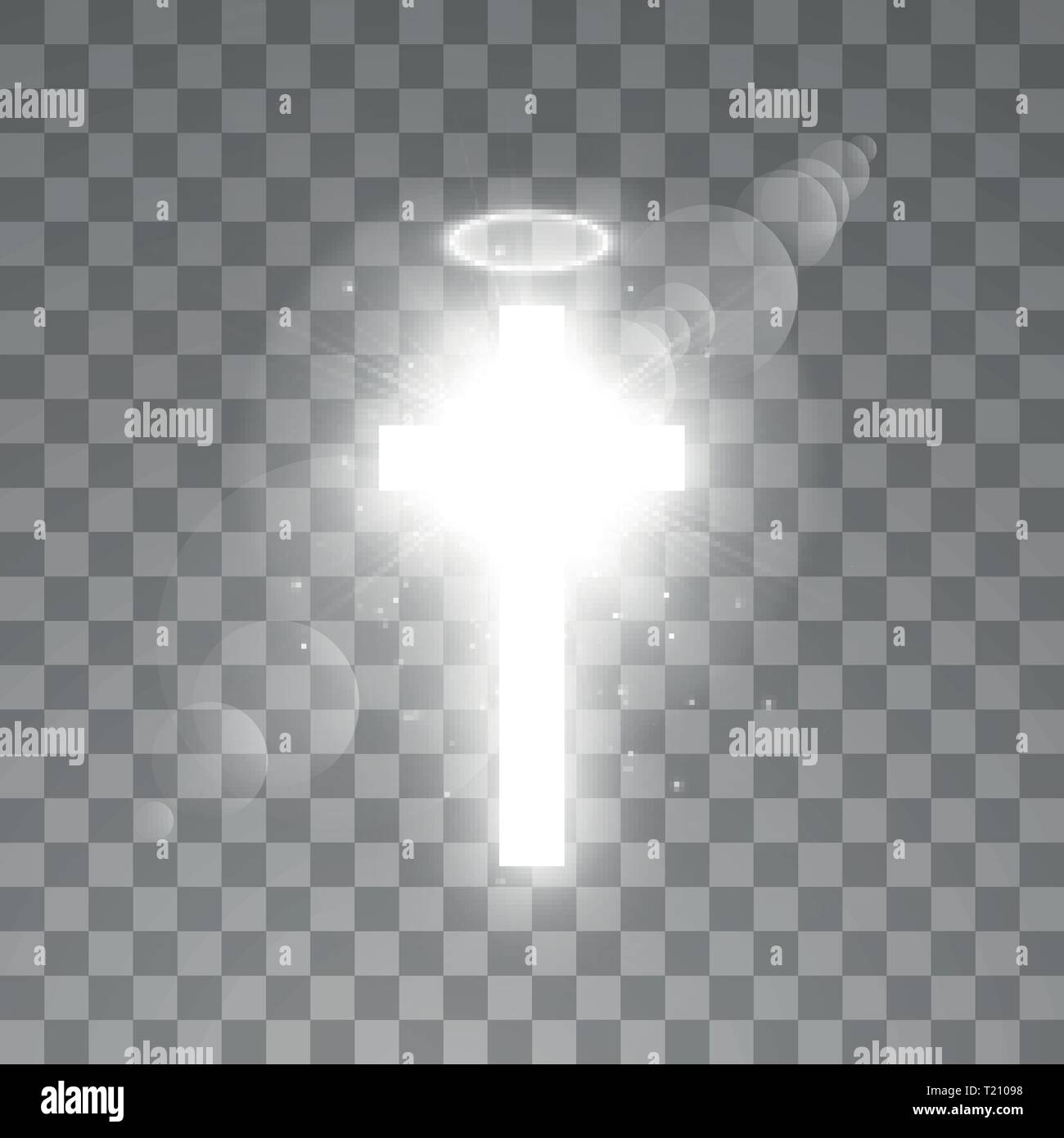 Shining croce bianca e alone bianco angelo anello e la luce del sole offerte lens flare effetto luce su sfondo trasparente. Incandescente santa croce. Vettore Illustrazione Vettoriale