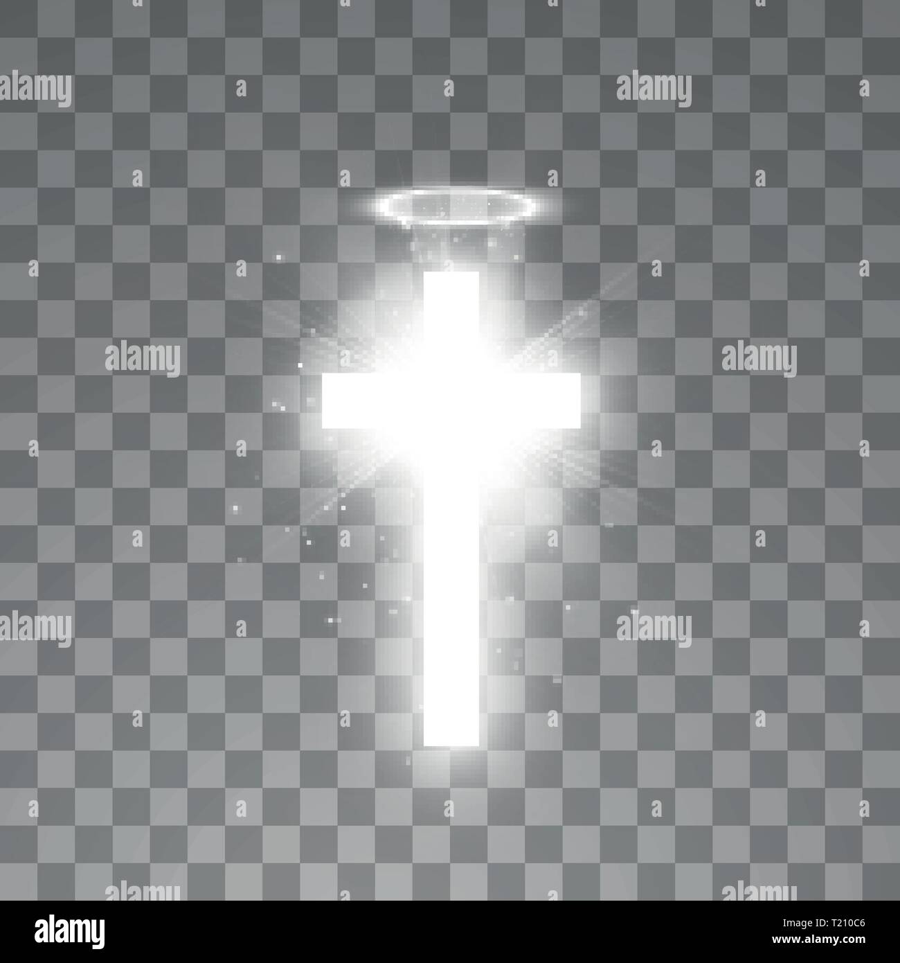 Shining croce bianca e alone bianco angelo anello e la luce del sole offerte lens flare effetto luce su sfondo trasparente. Incandescente santa croce. Vettore Illustrazione Vettoriale