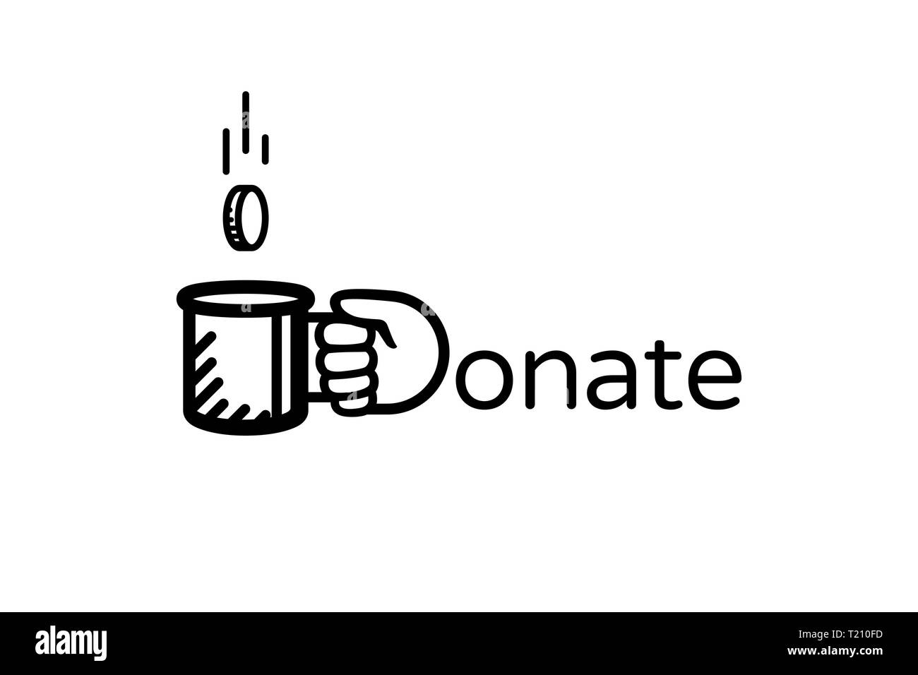 Donare denaro vector logo. Donare e aiutare. La carità, concetto di donazione. Moneta cade nella Beggar's mug. Illustrazione Vettoriale