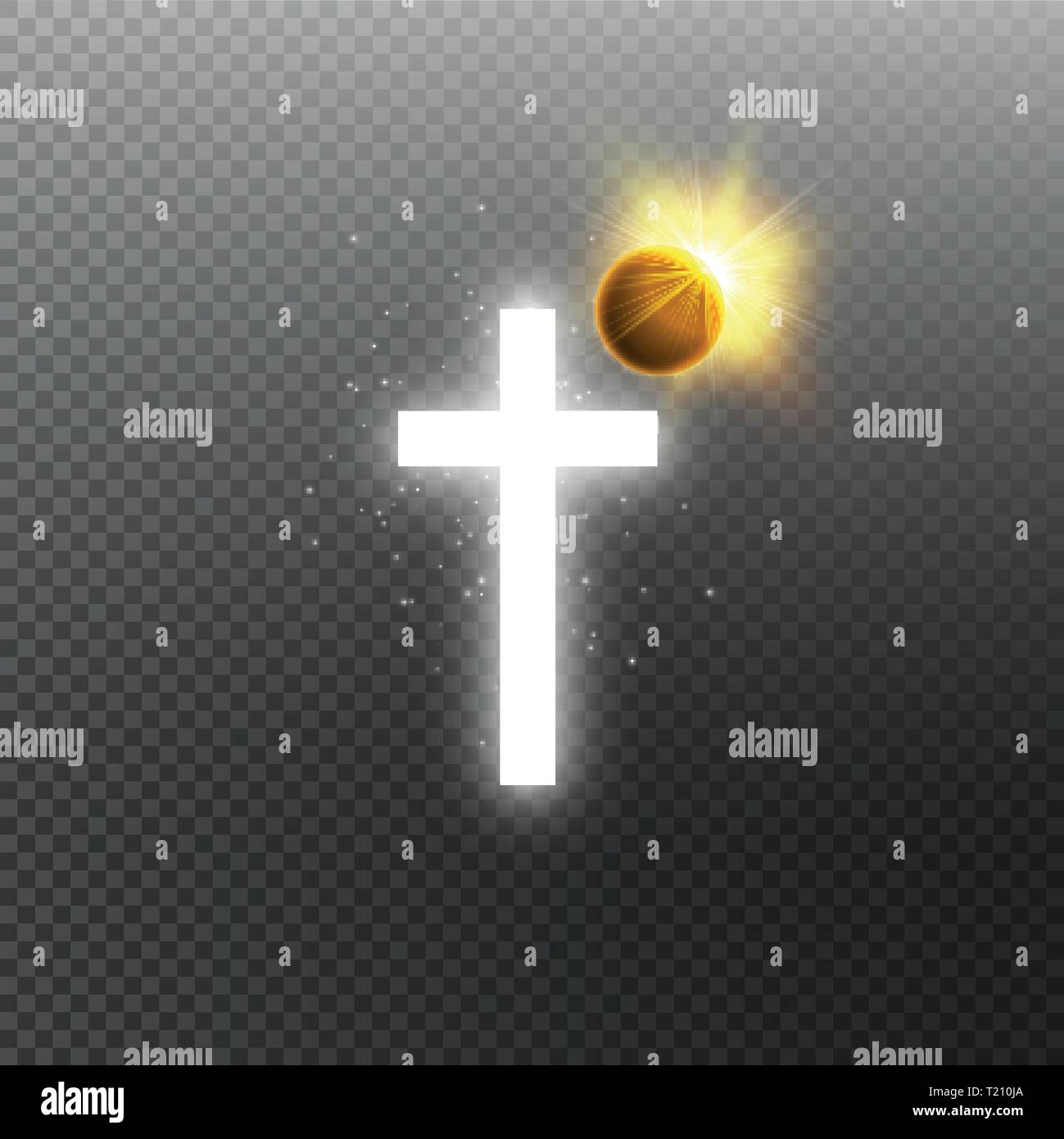 Shining croce bianca e eclisse solare totale su sfondo trasparente. Incandescente santa croce. Illustrazione Vettoriale Illustrazione Vettoriale