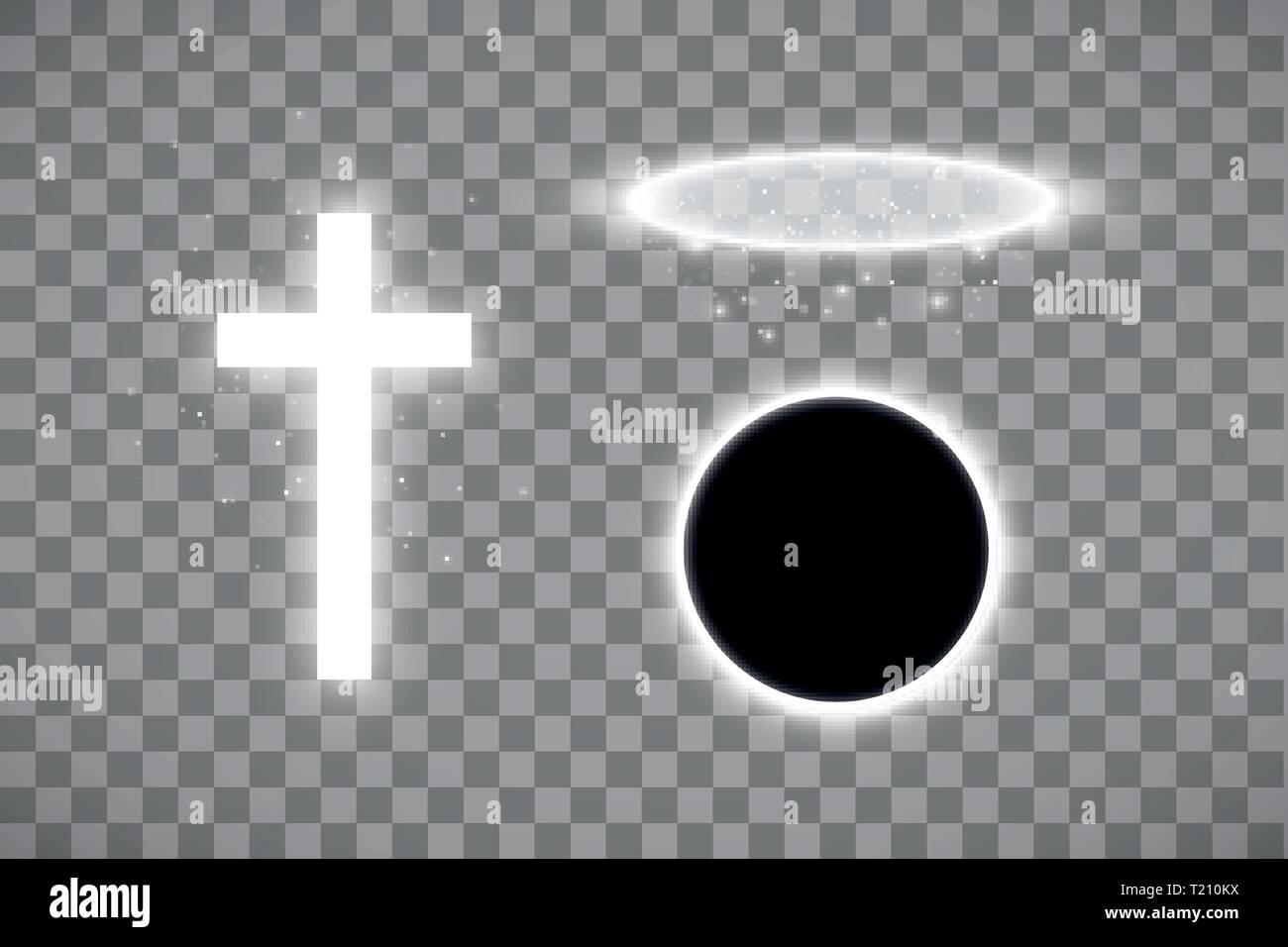 Set di shining croce bianca e alo anello di angelo bianco e eclissi totale del sole su uno sfondo trasparente. Incandescente santa croce. Vettore Illustrazione Vettoriale