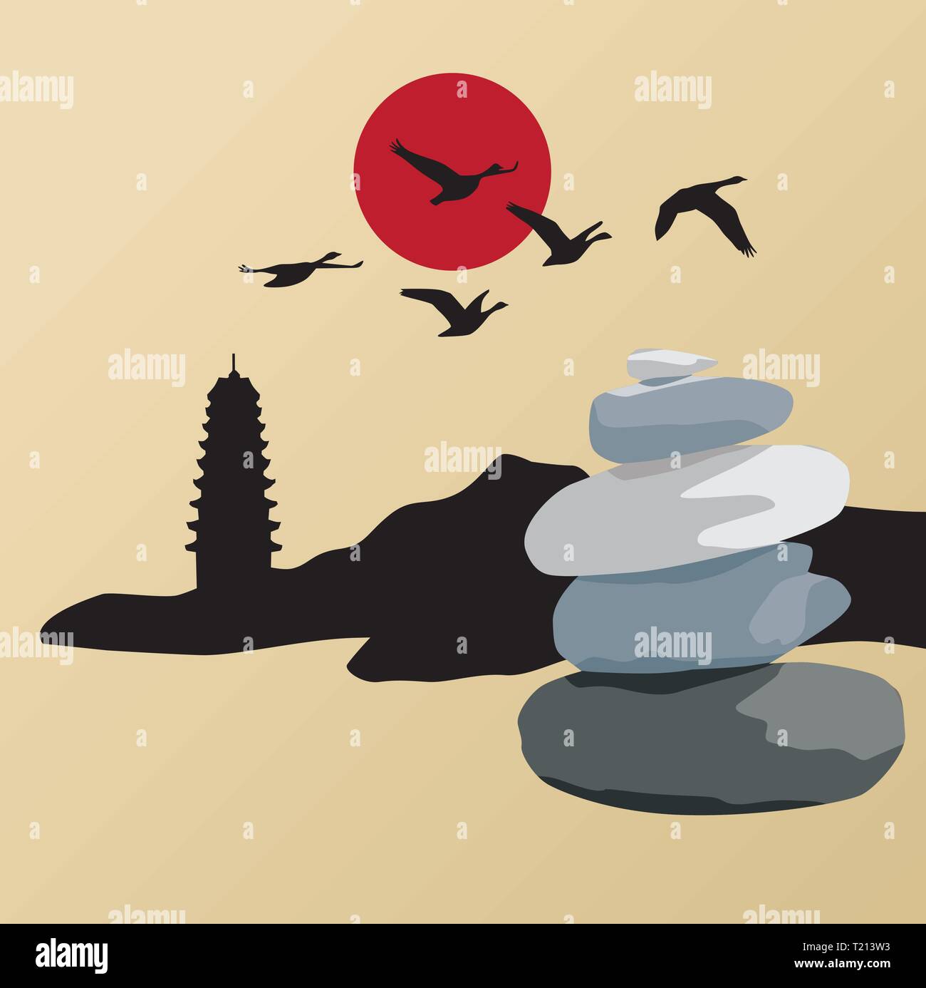 Paesaggio di montagna con pietre zen, grafica vettoriale elemento di design Illustrazione Vettoriale
