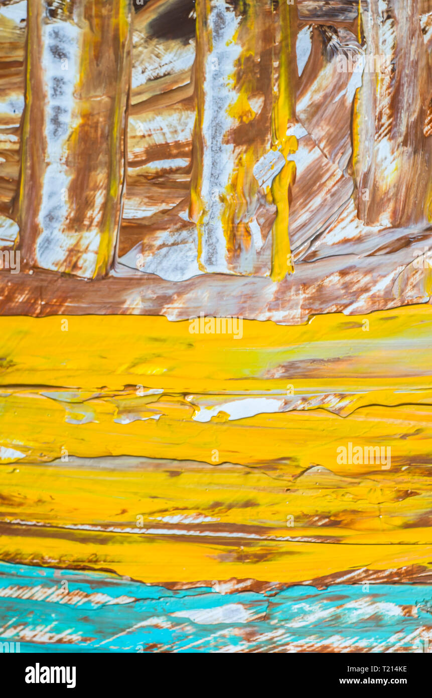 Disegnata a mano di pittura acrilica. L'arte astratta sfondo. Pittura Acrilica su tela di canapa. Colore e struttura. Frammento di opere d'arte. Pennellate di vernice. Foto Stock
