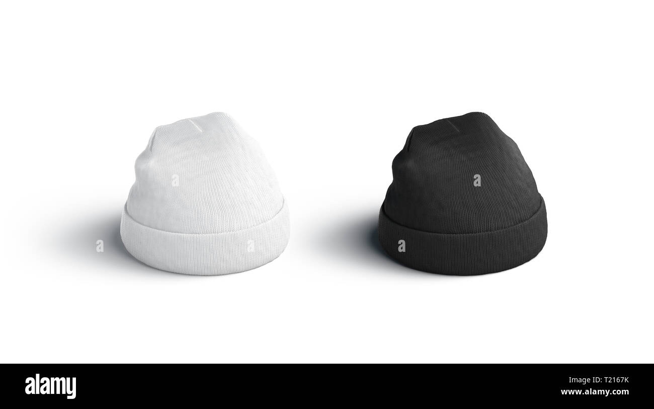 Bianco Bianco e bianco beanie mockup impostare, isolata, vista laterale, rendering 3d. Moda vuota headwear mock up. Cancellare la ventola modello di acconciatura. Inverno accessorio per proteggere. Foto Stock